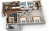 Modern 3D floor plan showcasing two bedrooms, a sleek kitchen, cozy living room, and dual bathrooms, complete with a charming balcony space.