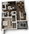 Modern apartment floor plan featuring a spacious bedroom, sleek open kitchen with island, cozy living area, stylish dining space, and private balcony, all with elegant hardwood flooring.