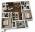 Modern 3D floor plan showcasing 2 spacious bedrooms, cozy living room, elegant dining area, and fully equipped kitchen with wood flooring.