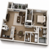 Elegant 3D floor plan featuring a spacious one-bedroom with en-suite bathroom, modern kitchen with island, cozy living room, and private balcony.