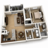 Modern 3D floor plan showcasing a spacious 1-bedroom apartment with open-concept living area, stylish kitchen, elegant bathroom, and a cozy balcony.
