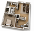 Stylish 3D floor plan featuring a cozy bedroom, modern kitchen with bar seating, spacious living area, and a sleek bathroom.