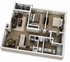 Chic 3D floor plan showcasing 2 cozy bedrooms, an elegant open living area, modern kitchen with breakfast bar, and a stylish dining nook, complete with dual-sink bathroom and inviting balcony space.