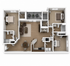 Elegant 3D floor plan highlighting 3 bedrooms, 2 bathrooms, an open-concept living area, and a modern kitchen with an island, featuring a cozy balcony.