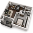 Elegant 3D floor plan featuring a spacious bedroom, modern kitchen with island, cozy living area, and private balcony.