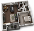 Chic apartment floor plan with a spacious bedroom, elegant open-concept kitchen and living area, modern bathroom, and cozy balcony.