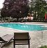 Inviting outdoor pool area with modern lounge chairs and lush greenery, perfect for relaxation and leisure.
