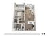 Modern 3D floor plan showcasing a spacious one-bedroom apartment with an open-concept living area, sleek kitchen, and private balcony.