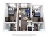 Modern 3D apartment floor plan featuring two spacious bedrooms, a cozy living room, a sleek kitchen, and two contemporary bathrooms with a central washer/dryer unit.