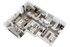 Modern 3D floor plan featuring 2 bedrooms, elegant open-concept living room, and spacious kitchen with island and dining area.