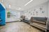 Modern pet grooming facility with stainless steel wash stations, colorful pet artwork, and large bright window.