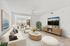 Bright and inviting living room featuring neutral tones, elegant furnishings, and a serene work nook with large windows.