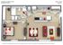 Modern 3D floor plan of Shawnee Phase II showcasing a 640 sq ft layout with 1 bedroom, 1 bath, a sleek open kitchen, and a cozy living area.