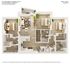 Elegant 3D floor plan for Vue Apartments, showcasing a 3 bedroom, 3 bathroom layout with a modern open-concept living area and kitchen, spanning 1205 sq ft.
