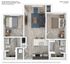 Cedar Pointe Apartment Homes 821 sqft floor plan showcasing 2 bedrooms, 2 modern baths, a sleek kitchen with island seating, and an inviting open living area.