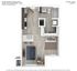 Modern studio apartment floor plan at Cedar Pointe with open-concept layout, featuring a cozy living area, kitchenette with island, and a separate bedroom space within 495 sqft.