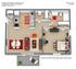 Chasewood Downs Delmar floor plan featuring 1 bed, 1 bath layout with modern kitchen, cozy living area, elegant dining space, and a private balcony, 500 sqft.