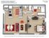 Modern 3D floor plan of the Delmar, featuring 1 bedroom, 1 bathroom, open kitchen-living area, and elegant dining space, 500 sqft.