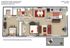 Saratoga floor plan for Chasewood Downs Apartments featuring 2 spacious bedrooms, 1 elegant bathroom, modern kitchen, cozy living area, and inviting balcony, spread across 850 sqft.