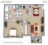 Contemporary 1-bedroom, 1-bathroom floor plan at The Crossing at Knollwood Apartments, featuring a spacious living area, modern kitchen, and elegant dining space, covering 769 sq ft.