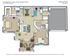 Elegant 3D floor plan at Peppers Ferry Villas, featuring 2 spacious bedrooms, 2 modern bathrooms, and an open-concept living space. Includes a sleek kitchen and cozy living room, all within 1500 sq ft.