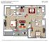 Modern 3D floor plan of Knollwood Condominium, showcasing an elegant 2-bedroom, 2-bath layout with an open-concept living room and kitchen, complemented by a cozy dining area, perfect for urban living, 1057-1081 sq ft.