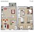 Charming 3D floor plan of a 1277 sq ft townhome featuring 2 bedrooms, 1 bath, a cozy living area, and a modern kitchen with a dining space, located at Green Street Townhomes with a private balcony.