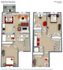 Charming 3D floor plan of Green Street Townhomes showcasing 4 spacious bedrooms, 2 modern baths, a cozy living area with stylish furniture, and a welcoming balcony. Ideal for comfortable family living, 1466 sq ft.