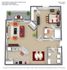 Modern 3D floor plan of a 1-bedroom, 1-bath apartment at Knollwood Condominium, featuring an open-concept living and dining area with balcony access, and a spacious kitchen, covering 800 sq ft.