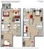 Modern 3D floor plan of Green Street Townhomes featuring 4 bedrooms, 2 baths, open-concept living area, and private balcony, covering 1466 sq ft.