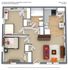 Modern floor plan of Houston Street showcasing 2 bedrooms, 1 bathroom, and an open kitchen-living area, totaling 587 sq ft for a stylish urban living experience.
