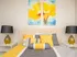 Inviting bedroom with vibrant yellow and gray accents, featuring modern artwork and elegant lighting.