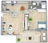 Elegant floor plan featuring a modern 1-bedroom layout with open-concept kitchen and living area, spacious bathroom, and inviting balcony space.
