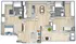 Modern 3D floor plan showcasing 2 bedrooms, open-concept kitchen and dining area, elegant living room, and private balcony space.