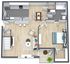 Chic 3D floor plan showcasing a spacious one-bedroom apartment with an open-concept living area, modern kitchen, elegant dining space, and a stylish bathroom.