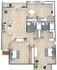 Contemporary 3D floor plan showcasing 2 bedrooms, spacious living room, modern kitchen, and dual balconies for optimal comfort.