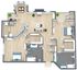 Modern floor plan featuring 2 bedrooms, 2 bathrooms, a cozy living room, and a sleek kitchen with dining area and balcony access.