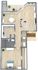 Elegant floor plan showcasing a spacious one-bedroom layout with an open-concept living area, modern kitchen, and cozy outdoor patio.