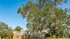 Charming brick building surrounded by lush greenery and a majestic oak tree, set against a clear blue sky.