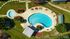 Aerial view of a luxurious swimming pool with a unique shape, surrounded by lush greenery and elegant patio seating.