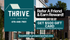 Modern apartment building with Thrive's vibrant referral program; earn rewards and a $500 gift card for new resident referrals.