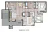 Modern three-bedroom floor plan featuring two stylish bathrooms, an open-concept living room, and a spacious kitchen with dining area, ideal for comfortable living.