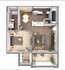 Contemporary 3D floor plan showcasing a spacious one-bedroom apartment with an open living area, modern kitchen, and private balcony.