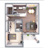 Modern apartment floor plan with one bedroom, a cozy living room, sleek kitchen, and dining area, perfect for contemporary living.