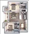 Modern 2D floor plan with 2 bedrooms, open living and dining area, sleek kitchen, and two bathrooms.