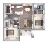 Modern 2-bedroom floor plan with options for balcony, featuring a spacious living room, dining area, and efficient kitchen layout, 765 square feet.