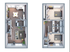 Modern 3D floor plan showcasing a chic two-story apartment with open-concept living and dining areas, two spacious bedrooms, and dual bathrooms.
