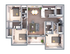 Elegant 3D floor plan showcasing spacious 3 bedrooms, modern kitchen, open living and dining area, and luxurious bathrooms.