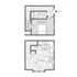 Chic 2-story floor plan featuring a spacious bedroom and bath upstairs, open-concept kitchen, dining, and living area downstairs.
