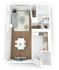 Modern open-concept floor plan showcasing a cozy living room, stylish dining area, sleek kitchen, and a spacious bathroom.